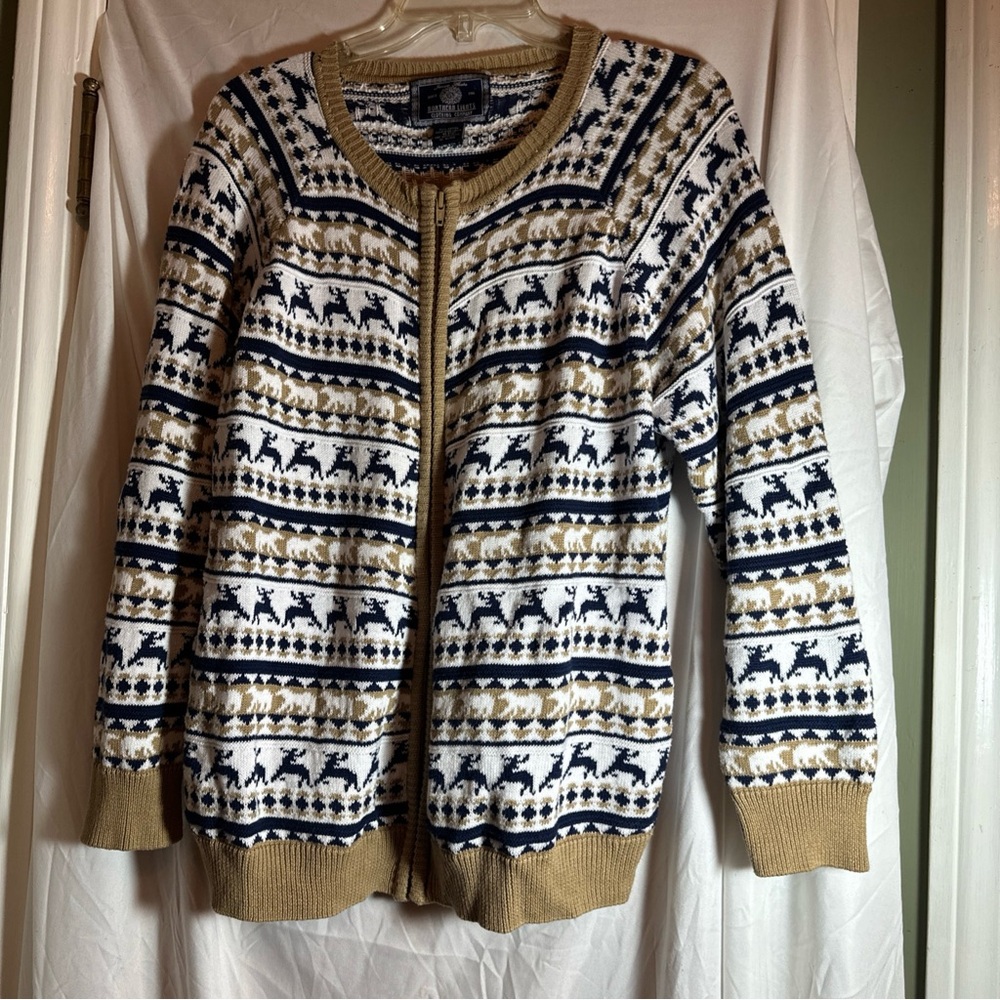 Northern Lights Blue Reindeer Zip Up Cardigan Sweater Christmas Holiday